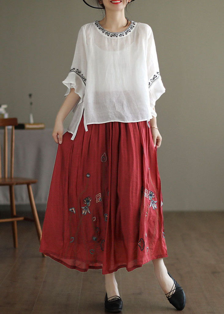 Red Linen Silk A Line Skirts Embroideried Exra Large Hem Spring TG1054 - fabuloryshop