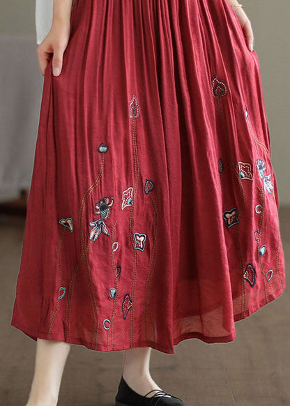 Red Linen Silk A Line Skirts Embroideried Exra Large Hem Spring TG1054 - fabuloryshop