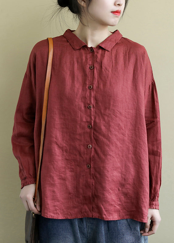 Red Loose Linen Shirt Tops Peter Pan Collar Button Spring LY2383 - fabuloryshop