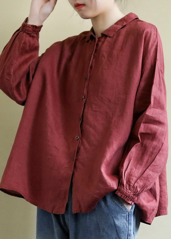 Red Loose Linen Shirt Tops Peter Pan Collar Button Spring LY2383 - fabuloryshop