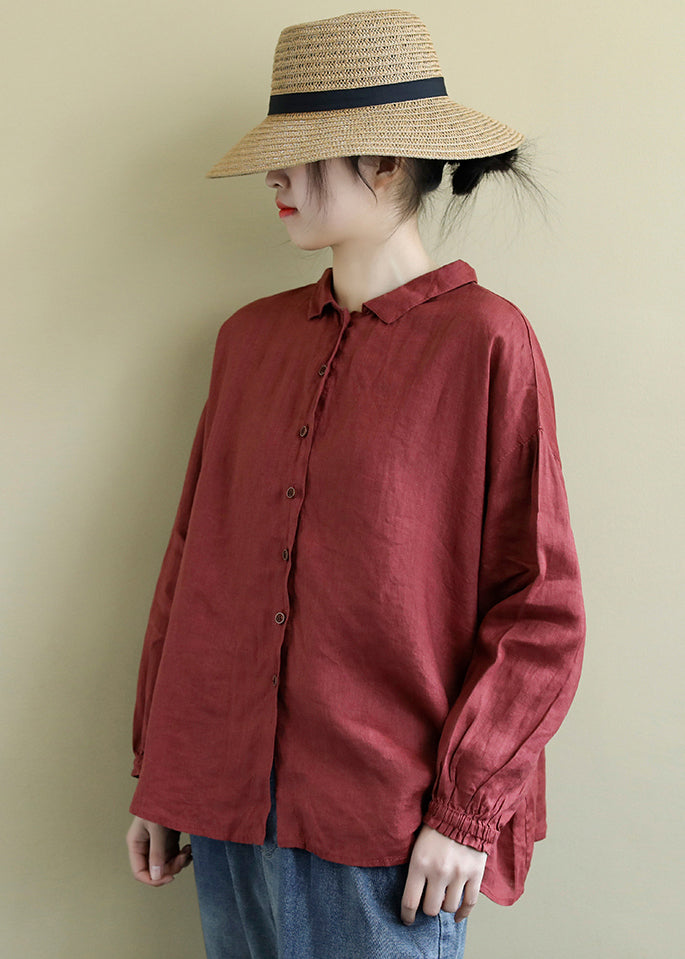 Red Loose Linen Shirt Tops Peter Pan Collar Button Spring LY2383 - fabuloryshop