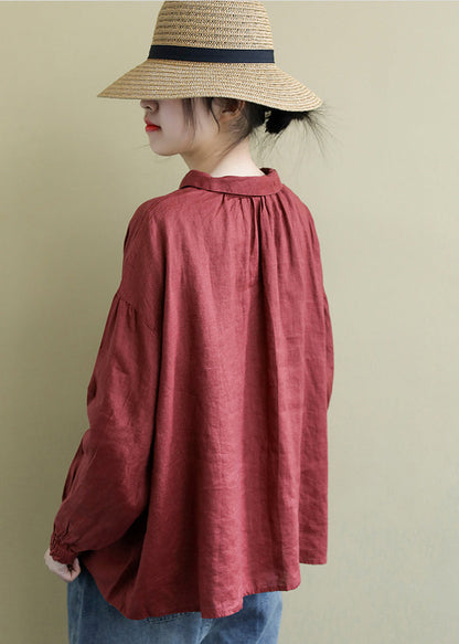 Red Loose Linen Shirt Tops Peter Pan Collar Button Spring LY2383 - fabuloryshop