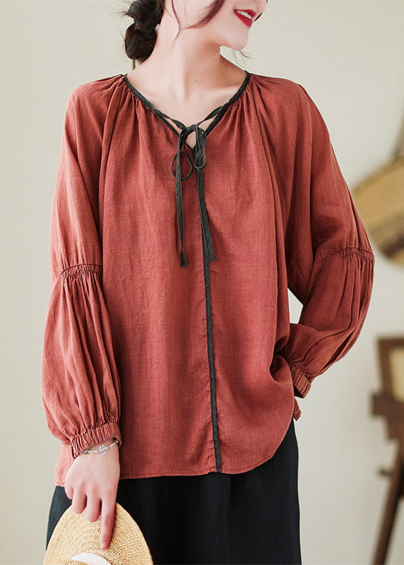 Red Neck Tie Ramie Tops Lantern Sleeve LY4425 - fabuloryshop