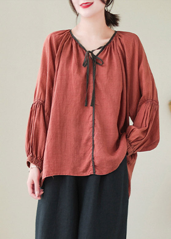 Red Neck Tie Ramie Tops Lantern Sleeve LY4425 - fabuloryshop