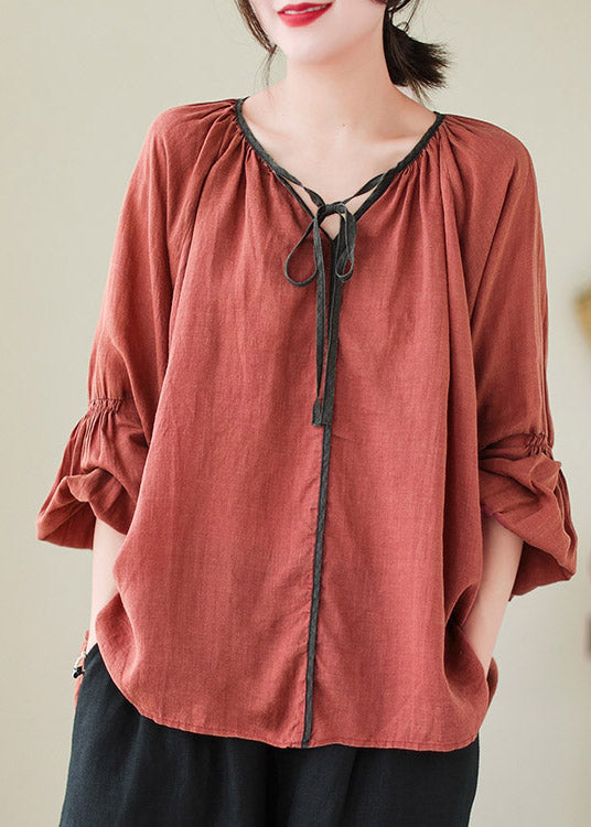 Red Neck Tie Ramie Tops Lantern Sleeve LY4425 - fabuloryshop