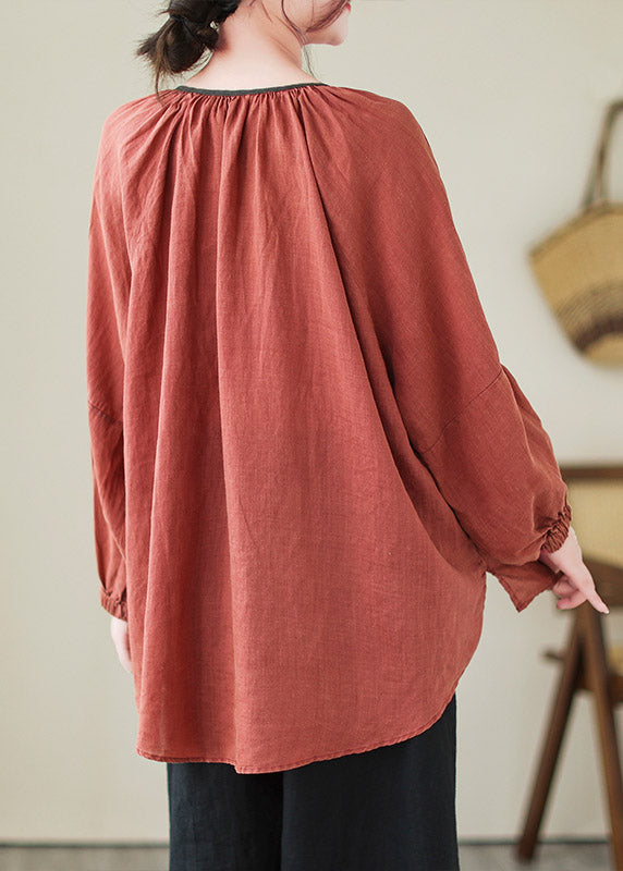 Red Neck Tie Ramie Tops Lantern Sleeve LY4425 - fabuloryshop