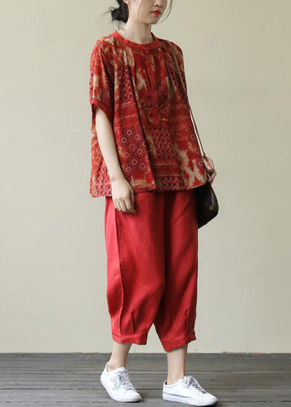 Red O-Neck Button Top And Harem Pants Two Pieces Set Short Sleeve LY6043 - fabuloryshop