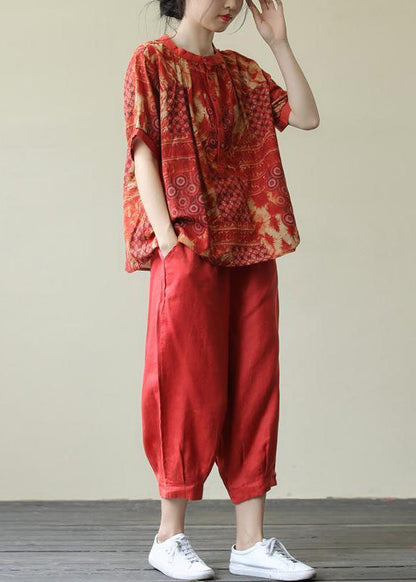 Red O-Neck Button Top And Harem Pants Two Pieces Set Short Sleeve LY6043 - fabuloryshop