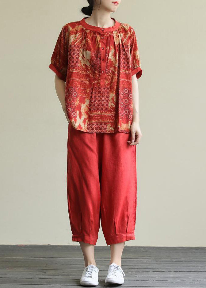 Red O-Neck Button Top And Harem Pants Two Pieces Set Short Sleeve LY6043 - fabuloryshop