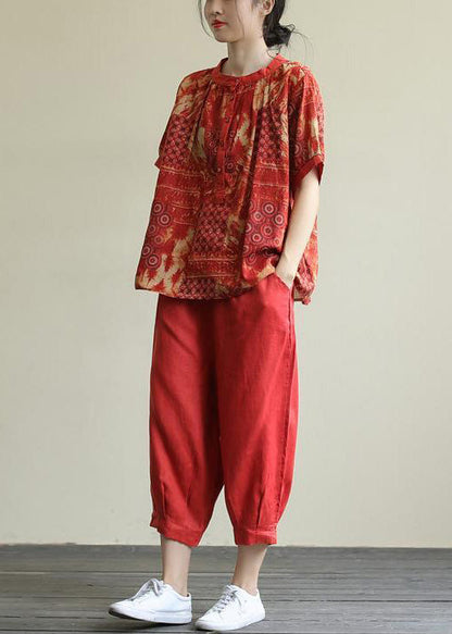 Red O-Neck Button Top And Harem Pants Two Pieces Set Short Sleeve LY6043 - fabuloryshop