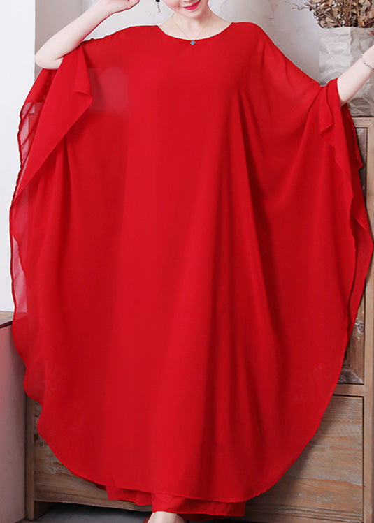 Red O-Neck Chiffon Maxi Dress And Wide Leg Pants Two Pieces Set Long Sleeve LY1696 - fabuloryshop