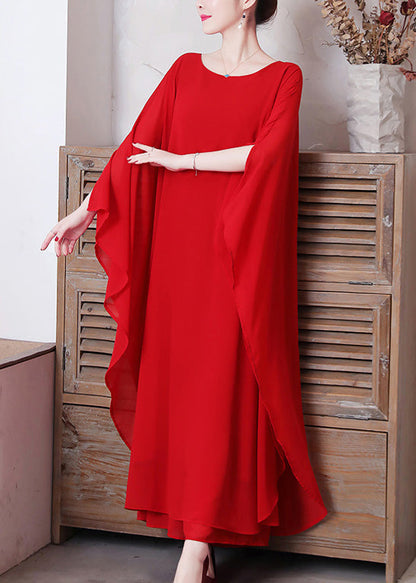 Red O-Neck Chiffon Maxi Dress And Wide Leg Pants Two Pieces Set Long Sleeve LY1696 - fabuloryshop