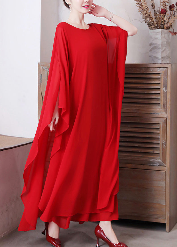 Red O-Neck Chiffon Maxi Dress And Wide Leg Pants Two Pieces Set Long Sleeve LY1696 - fabuloryshop