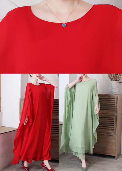 Red O-Neck Chiffon Maxi Dress And Wide Leg Pants Two Pieces Set Long Sleeve LY1696 - fabuloryshop