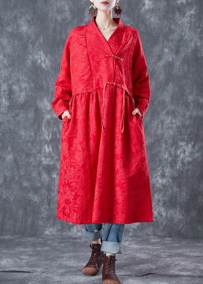 Red Oriental Linen Long Dress Chinese Button Tassel Spring LY5605 - fabuloryshop