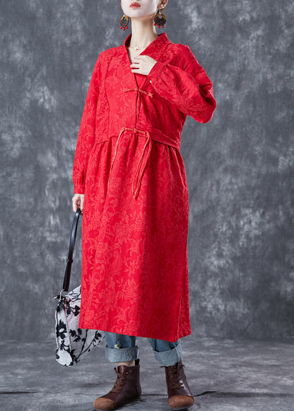 Red Oriental Linen Long Dress Chinese Button Tassel Spring LY5605 - fabuloryshop