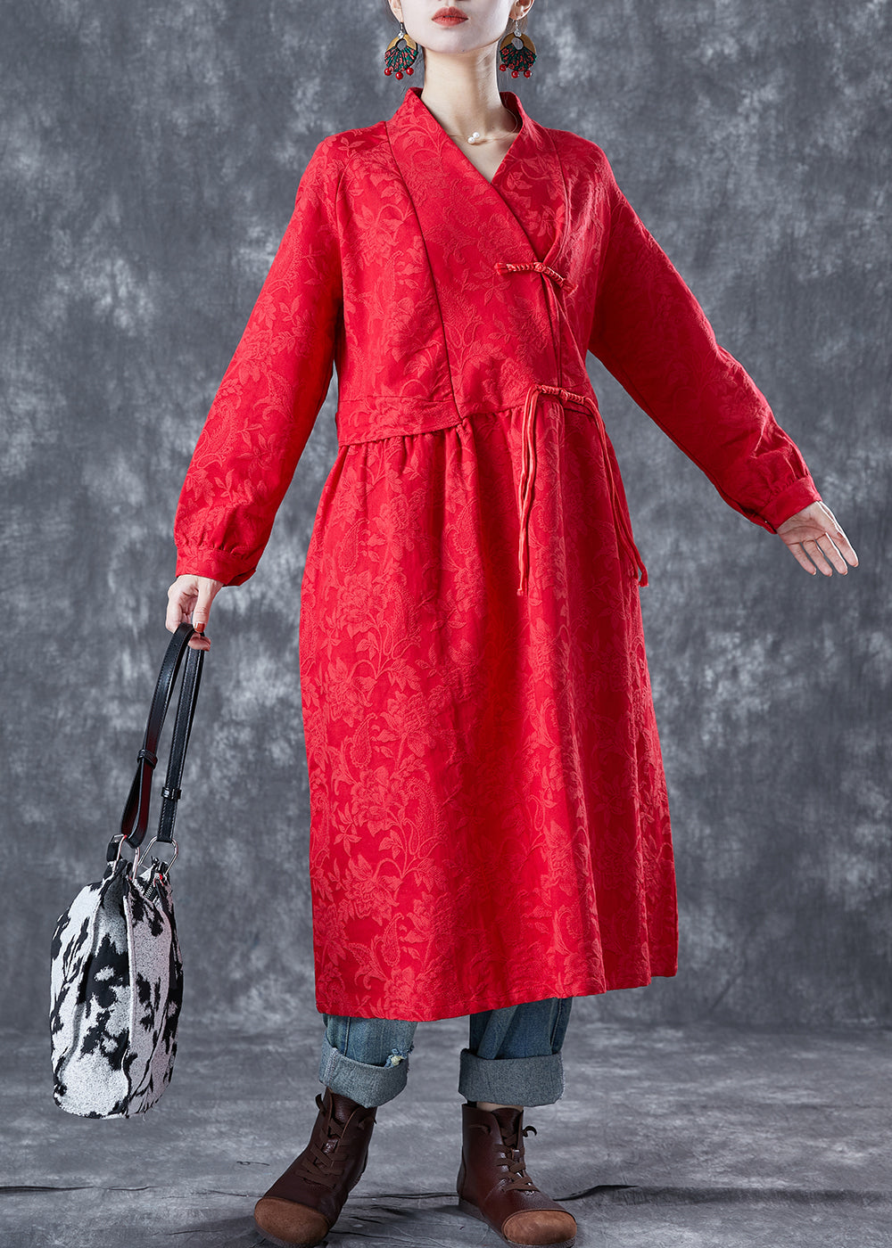 Red Oriental Linen Long Dress Chinese Button Tassel Spring LY5605 - fabuloryshop