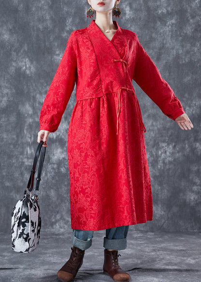 Red Oriental Linen Long Dress Chinese Button Tassel Spring LY5605 - fabuloryshop