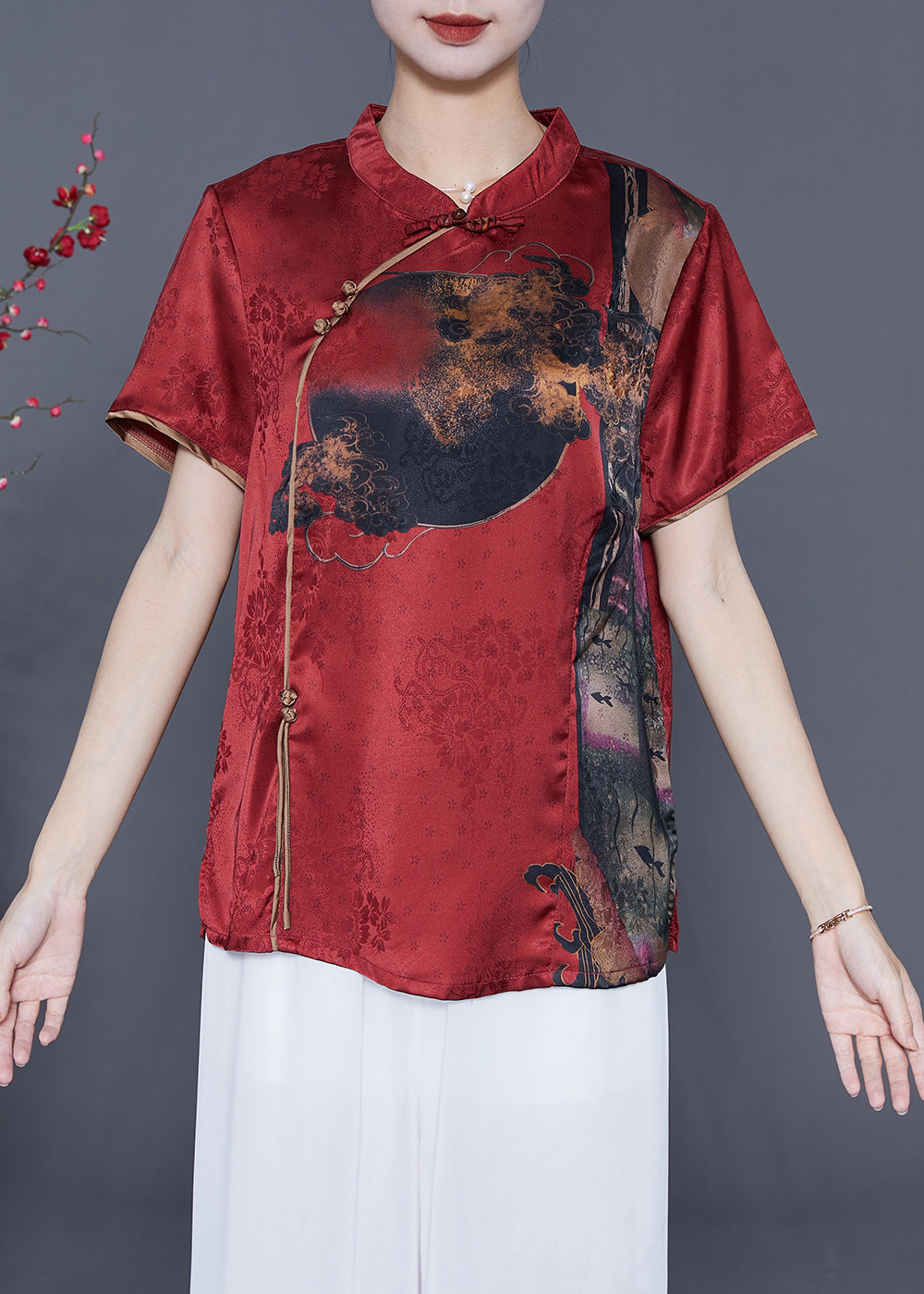 Red Oriental Silk Shirt Stand Collar Chinese Button Summer LY5427 - fabuloryshop