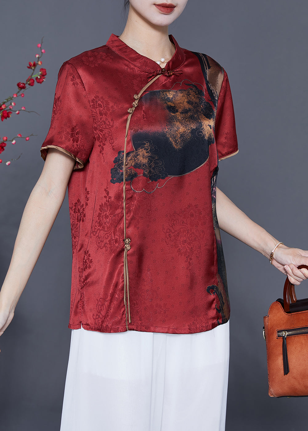 Red Oriental Silk Shirt Stand Collar Chinese Button Summer LY5427 - fabuloryshop