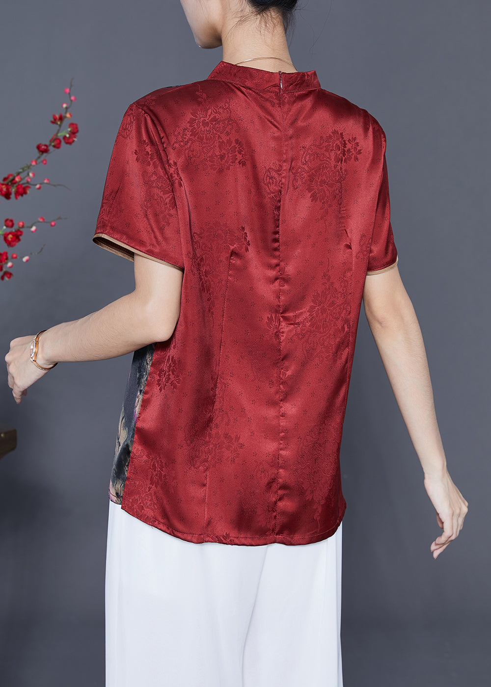 Red Oriental Silk Shirt Stand Collar Chinese Button Summer LY5427 - fabuloryshop