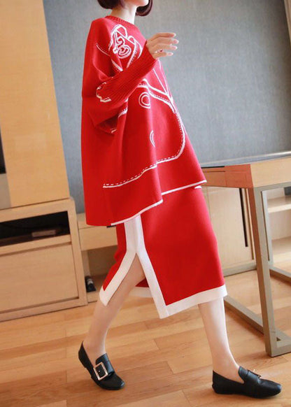 Red Oversized Knit Two Pieces Set O-Neck Side Open Batwing Sleeve LY1441 - fabuloryshop