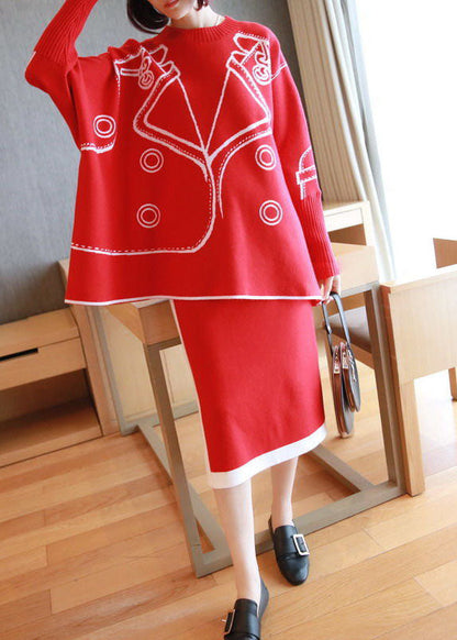 Red Oversized Knit Two Pieces Set O-Neck Side Open Batwing Sleeve LY1441 - fabuloryshop