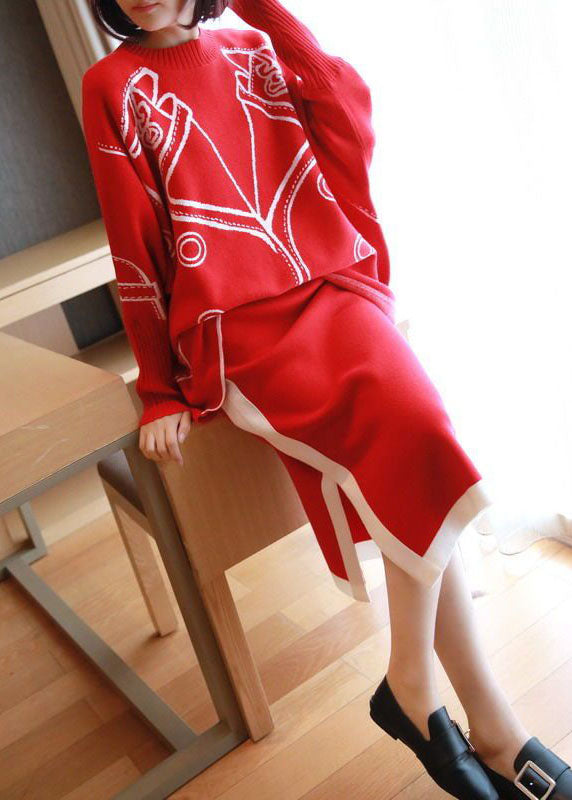 Red Oversized Knit Two Pieces Set O-Neck Side Open Batwing Sleeve LY1441 - fabuloryshop