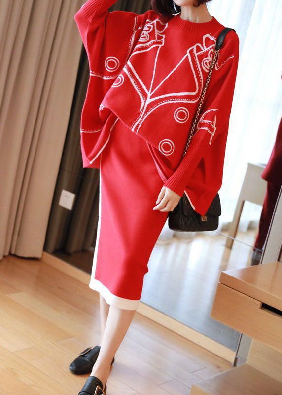 Red Oversized Knit Two Pieces Set O-Neck Side Open Batwing Sleeve LY1441 - fabuloryshop