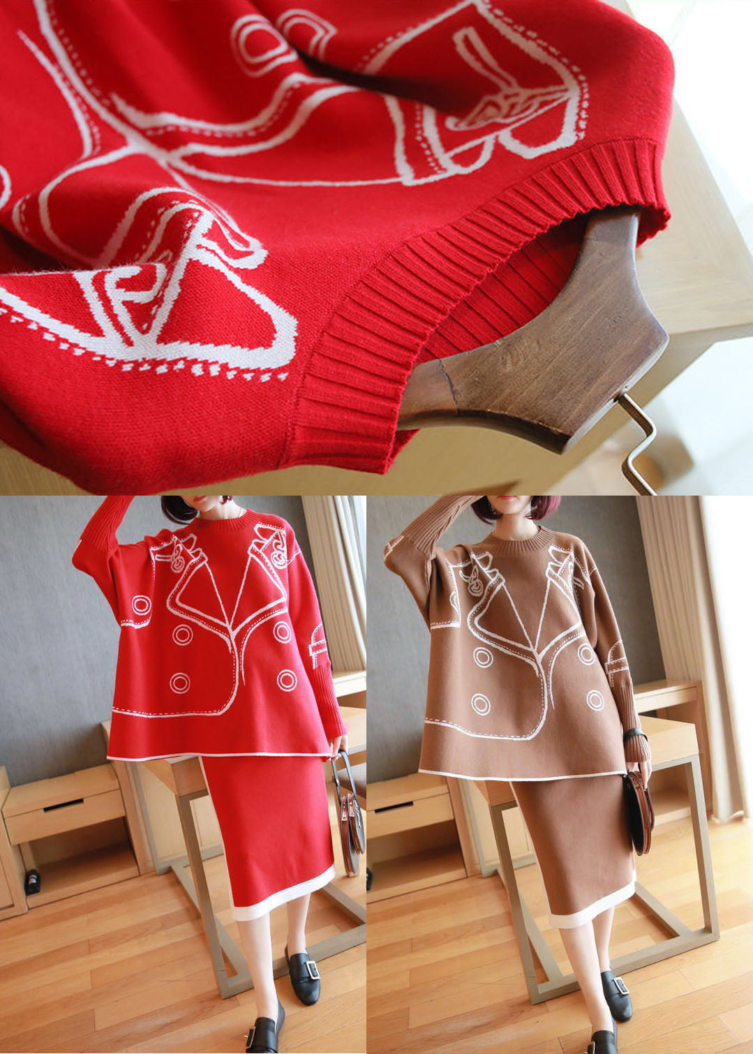 Red Oversized Knit Two Pieces Set O-Neck Side Open Batwing Sleeve LY1441 - fabuloryshop