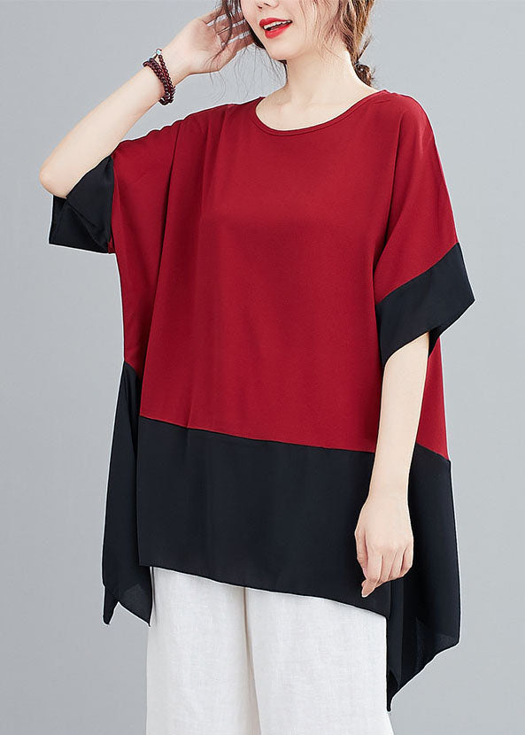 Red Patchwork Chiffon T Shirts Top Asymmetrical Summer LY5654 - fabuloryshop