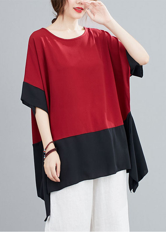 Red Patchwork Chiffon T Shirts Top Asymmetrical Summer LY5654 - fabuloryshop