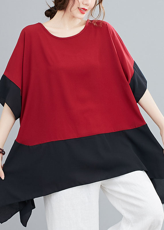 Red Patchwork Chiffon T Shirts Top Asymmetrical Summer LY5654 - fabuloryshop