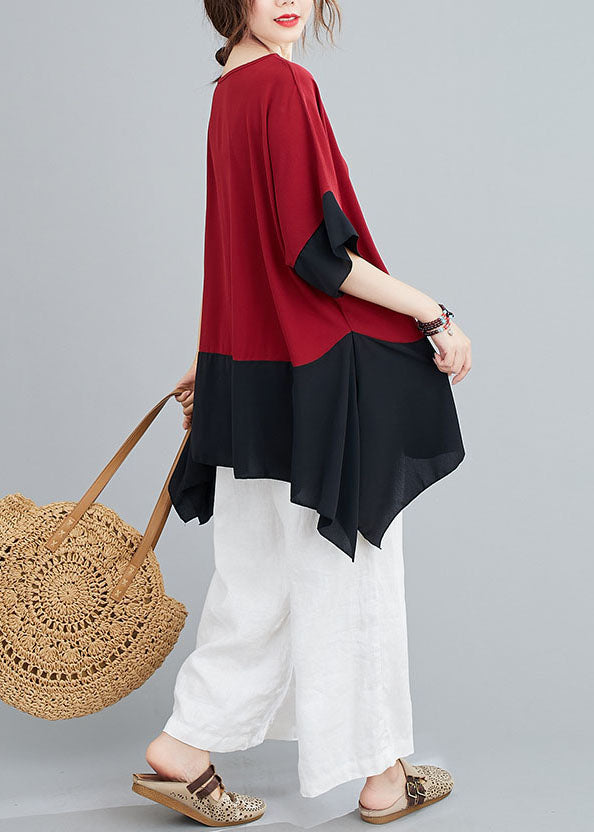 Red Patchwork Chiffon T Shirts Top Asymmetrical Summer LY5654 - fabuloryshop