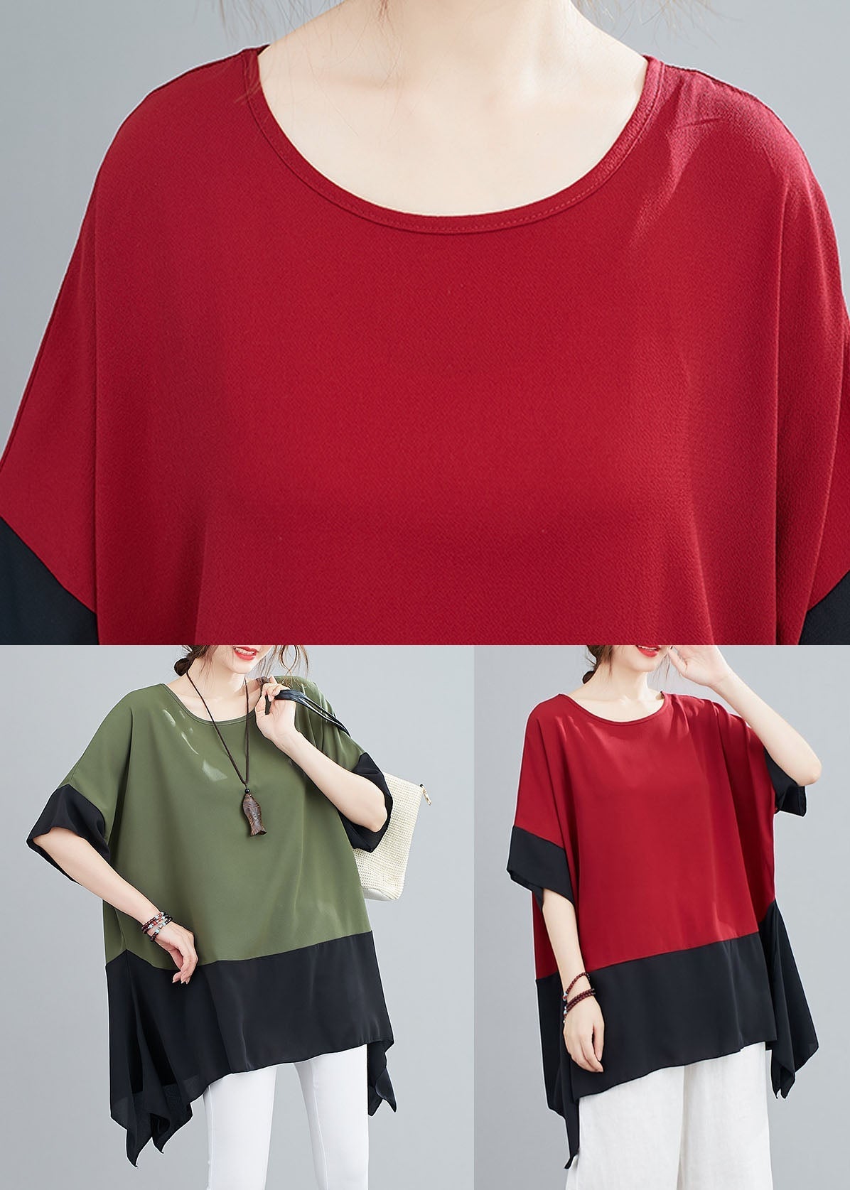 Red Patchwork Chiffon T Shirts Top Asymmetrical Summer LY5654 - fabuloryshop