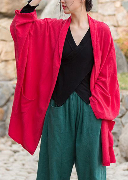 Red Patchwork Cotton Cardigans Stand Collar Long Sleeve Ada Fashion