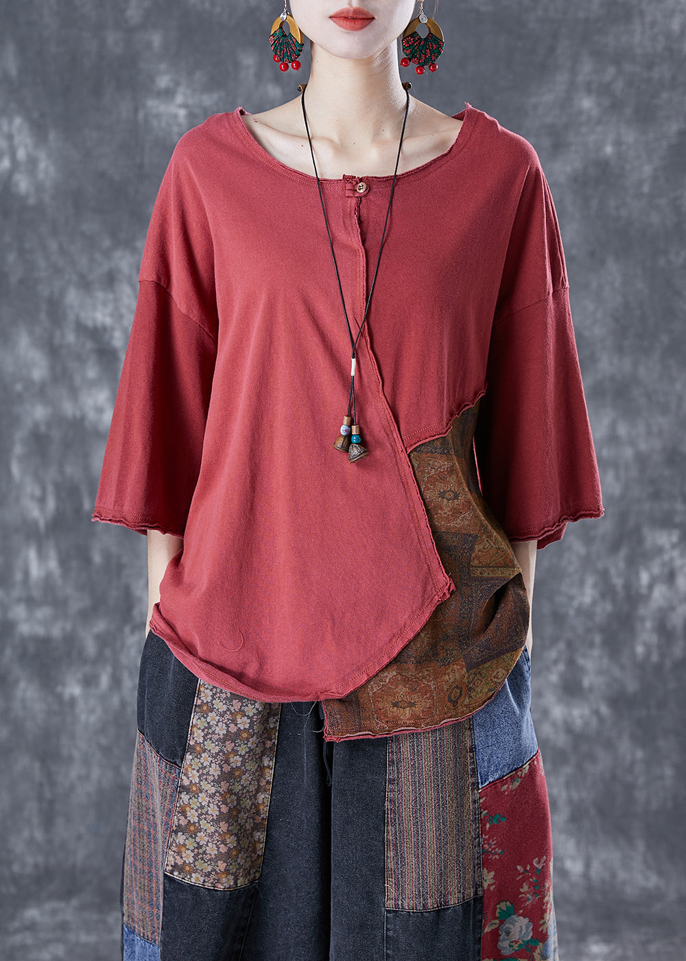 Red Patchwork Cotton Tank Oversized Asymmetrical Summer LY4149 - fabuloryshop
