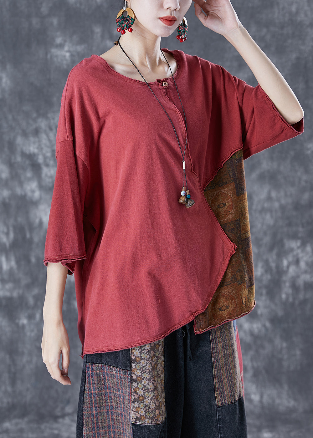 Red Patchwork Cotton Tank Oversized Asymmetrical Summer LY4149 - fabuloryshop