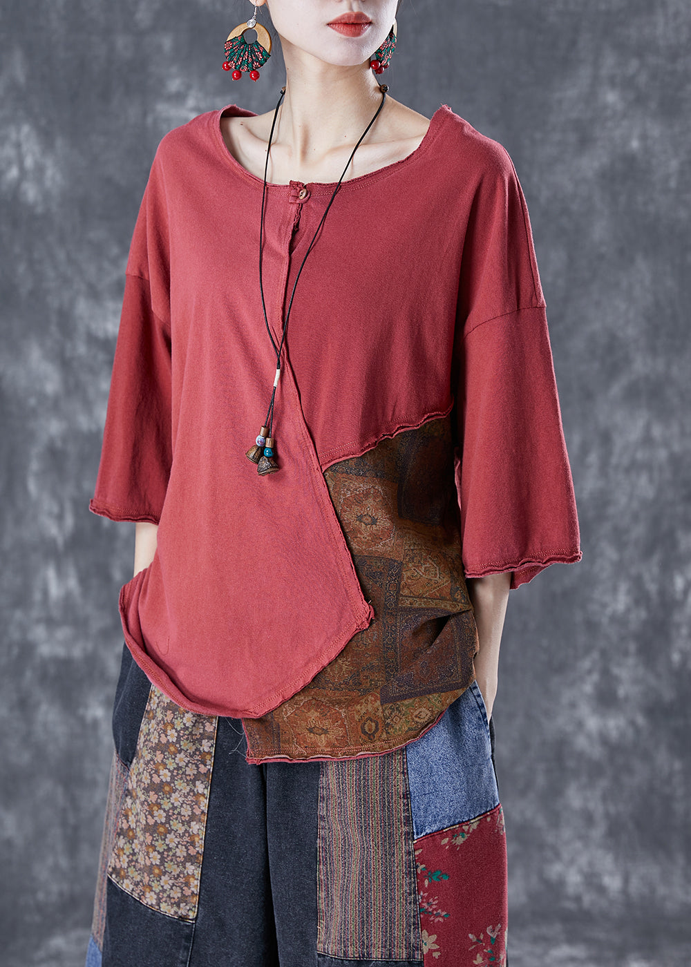 Red Patchwork Cotton Tank Oversized Asymmetrical Summer LY4149 - fabuloryshop