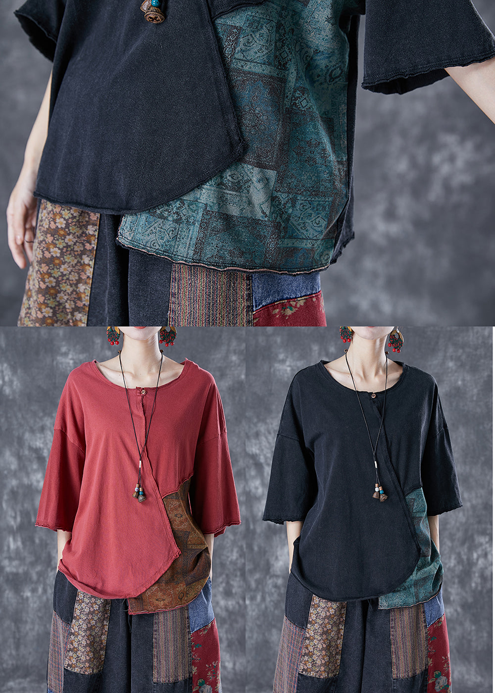 Red Patchwork Cotton Tank Oversized Asymmetrical Summer LY4149 - fabuloryshop