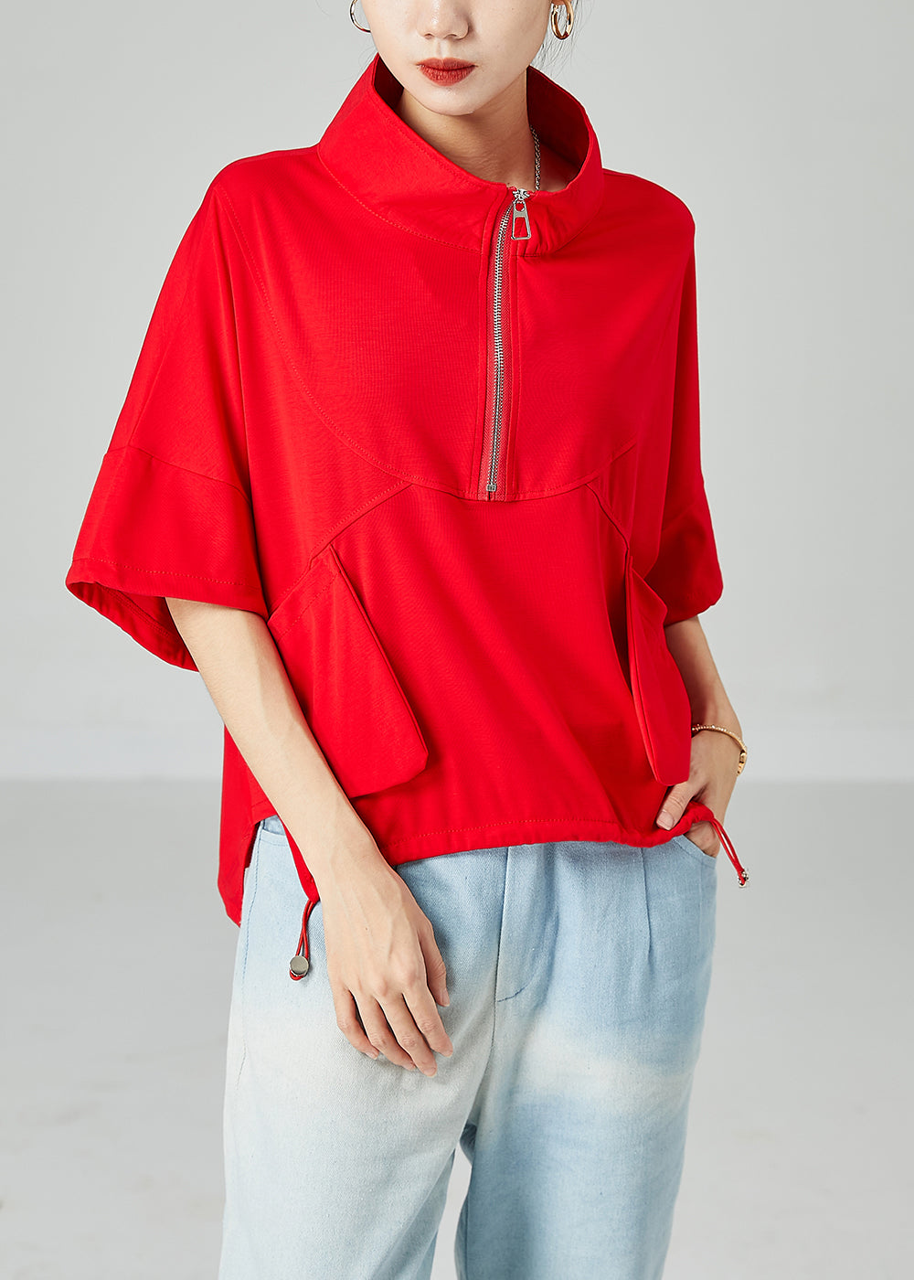 Red Patchwork Cotton Tanks Oversized Side Open Summer LY2475