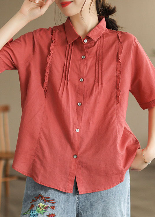 Red Patchwork Cotton Tops Peter Pan Collar Ruffled Button Short Sleeve Ada Fashion