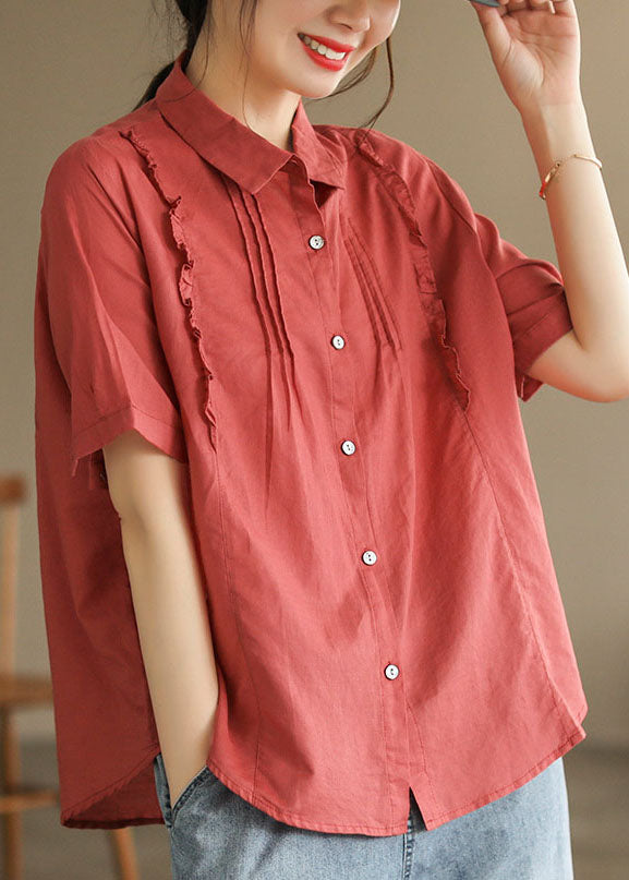 Red Patchwork Cotton Tops Peter Pan Collar Ruffled Button Short Sleeve Ada Fashion