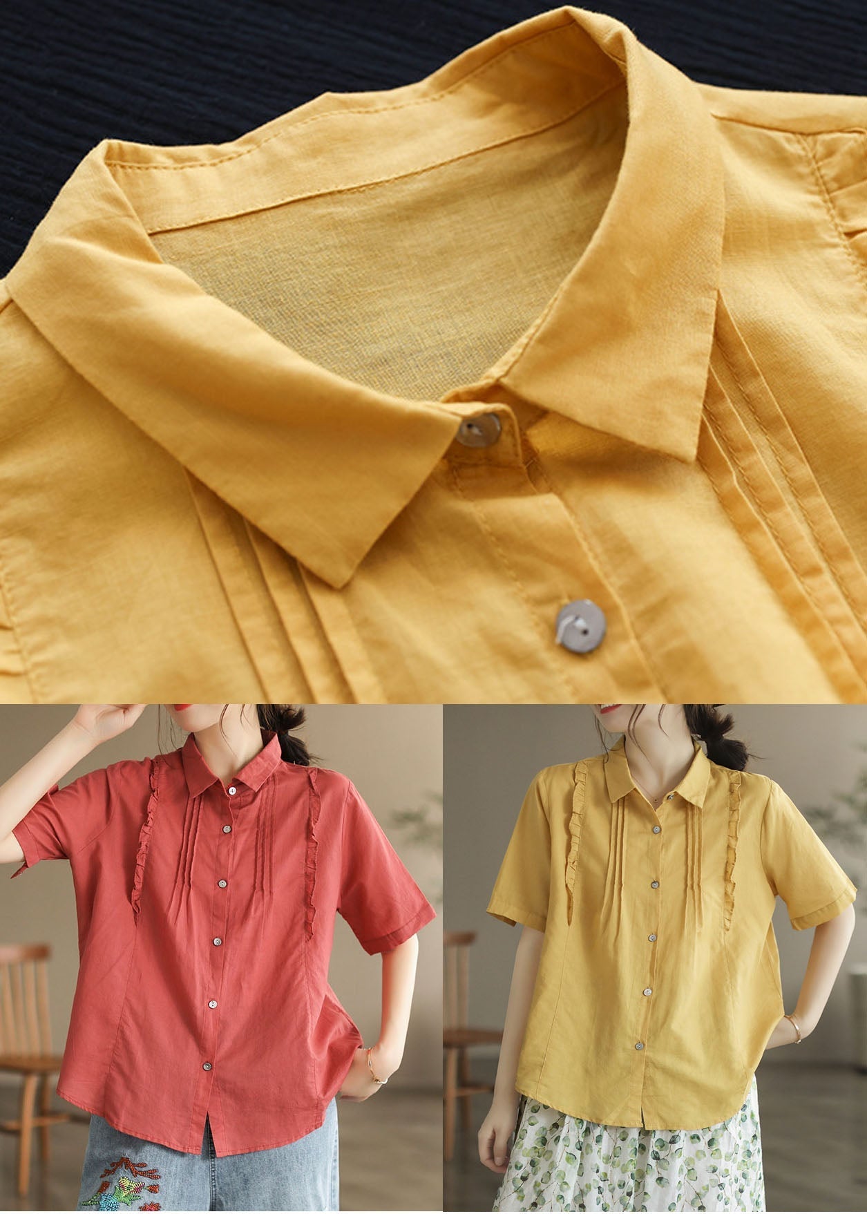 Red Patchwork Cotton Tops Peter Pan Collar Ruffled Button Short Sleeve Ada Fashion