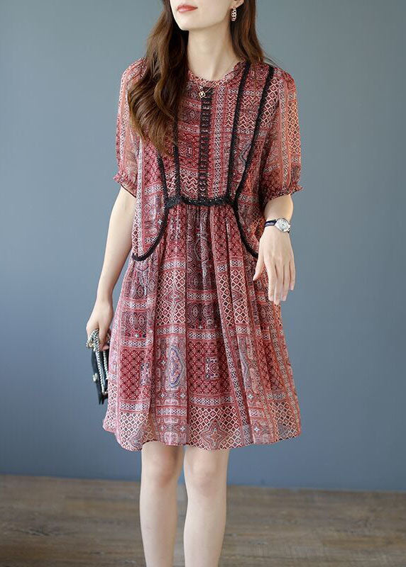 Red Patchwork Lace Chiffon A Line Dresses O-Neck Summer LY0536