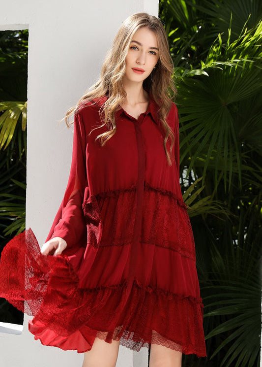 Red Patchwork Lace Chiffon Shirt Dress Ruffled Exra Large Hem Spring LY0333 - fabuloryshop