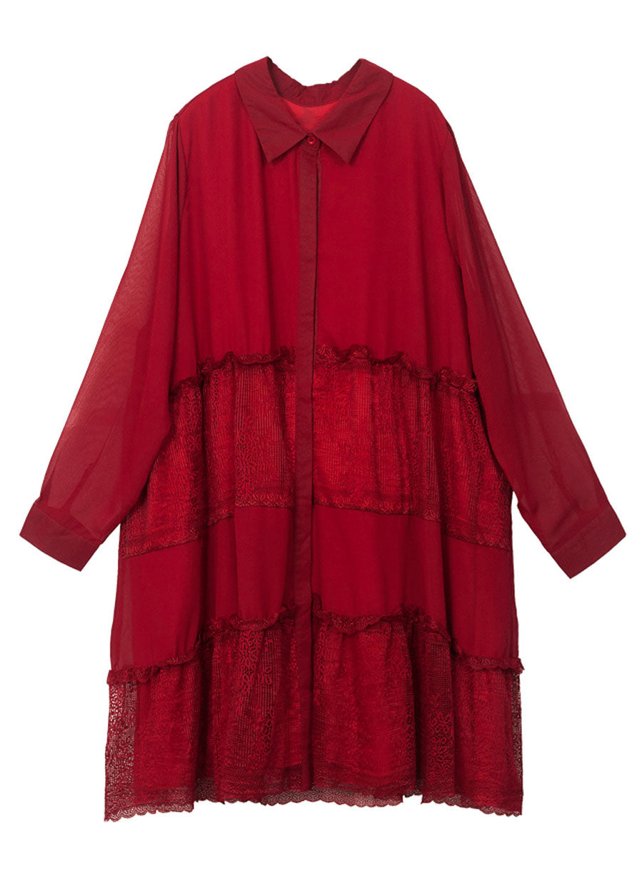 Red Patchwork Lace Chiffon Shirt Dress Ruffled Exra Large Hem Spring LY0333 - fabuloryshop