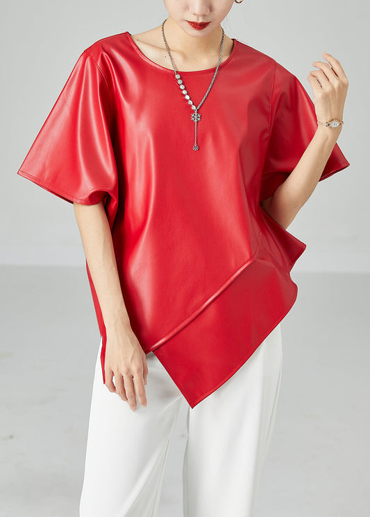 Red Patchwork Leather Tanks Asymmetrical Design Short Sleeve LY2415 - fabuloryshop