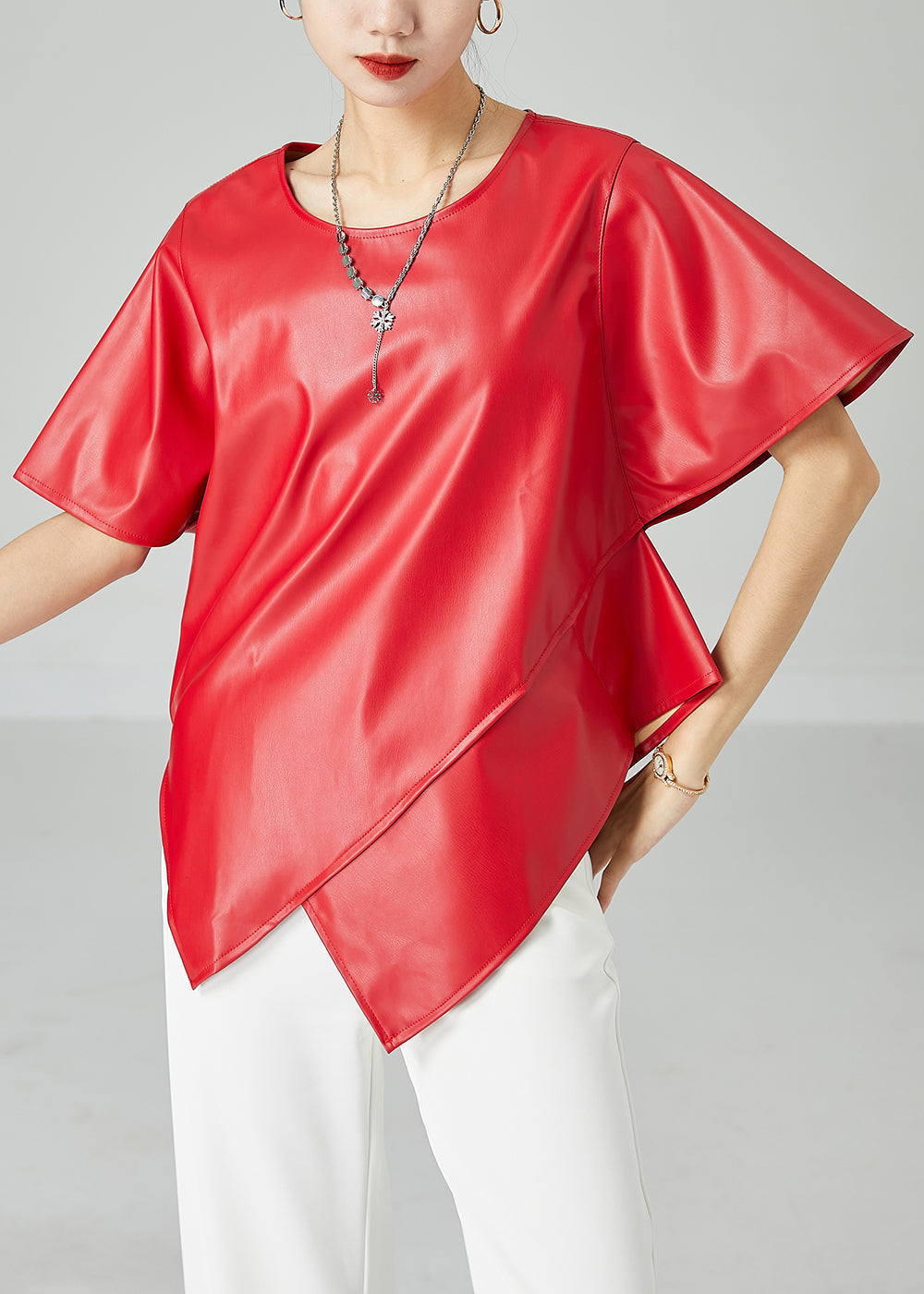 Red Patchwork Leather Tanks Asymmetrical Design Short Sleeve LY2415 - fabuloryshop