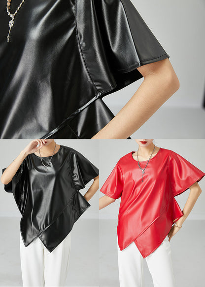 Red Patchwork Leather Tanks Asymmetrical Design Short Sleeve LY2415 - fabuloryshop